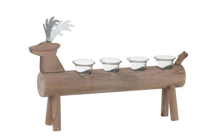 J-line - T-lichthouder Hert 4 Houders Hout Bruin - 47x11x29.5cm