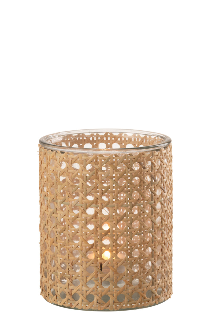 J-line - Theelichthouder Rotan Glas Transparent Large - 12.5x12.5x15cm