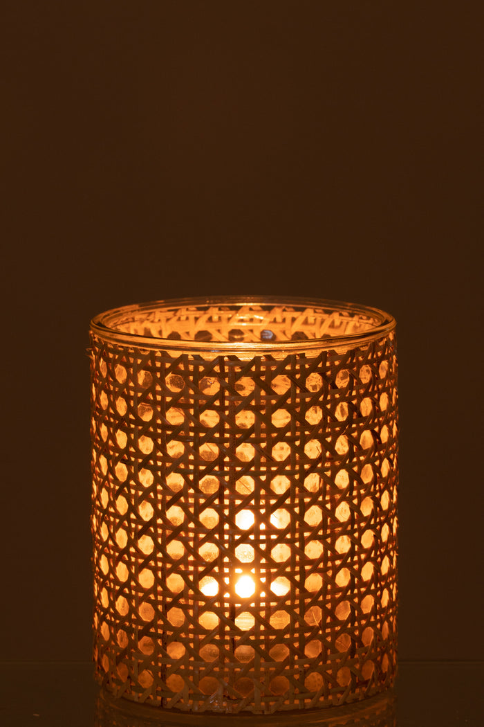 J-line - Theelichthouder Rotan Glas Transparent Large - 12.5x12.5x15cm