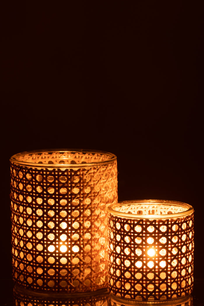 J-line - Theelichthouder Rotan Glas Transparent Large - 12.5x12.5x15cm