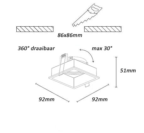 Artdelight Inbouwspot Rex Vierkant Zwart  GU10 Verdiept Kantelbaar