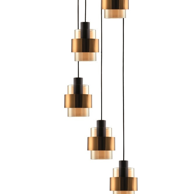 Freelight Hanglamp  Chiasso Zwart Goud & Amber Glas 5 Lichts Rond Ø