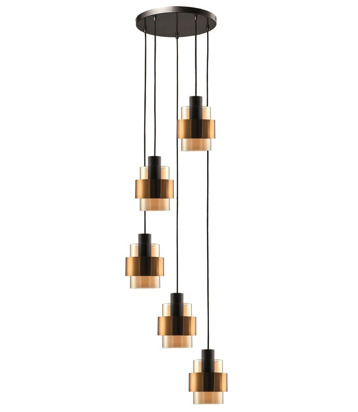 Freelight Hanglamp  Chiasso Zwart Goud & Amber Glas 5 Lichts Rond Ø