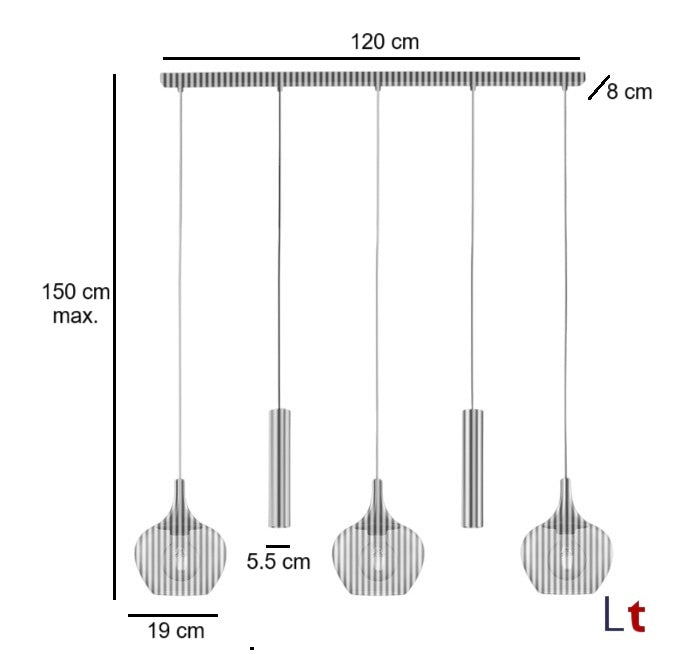 Freelight Hanglamp Fresu Glas Ø 19 cm & Koker Ø 5.5 cm  5 Lichts  Balk