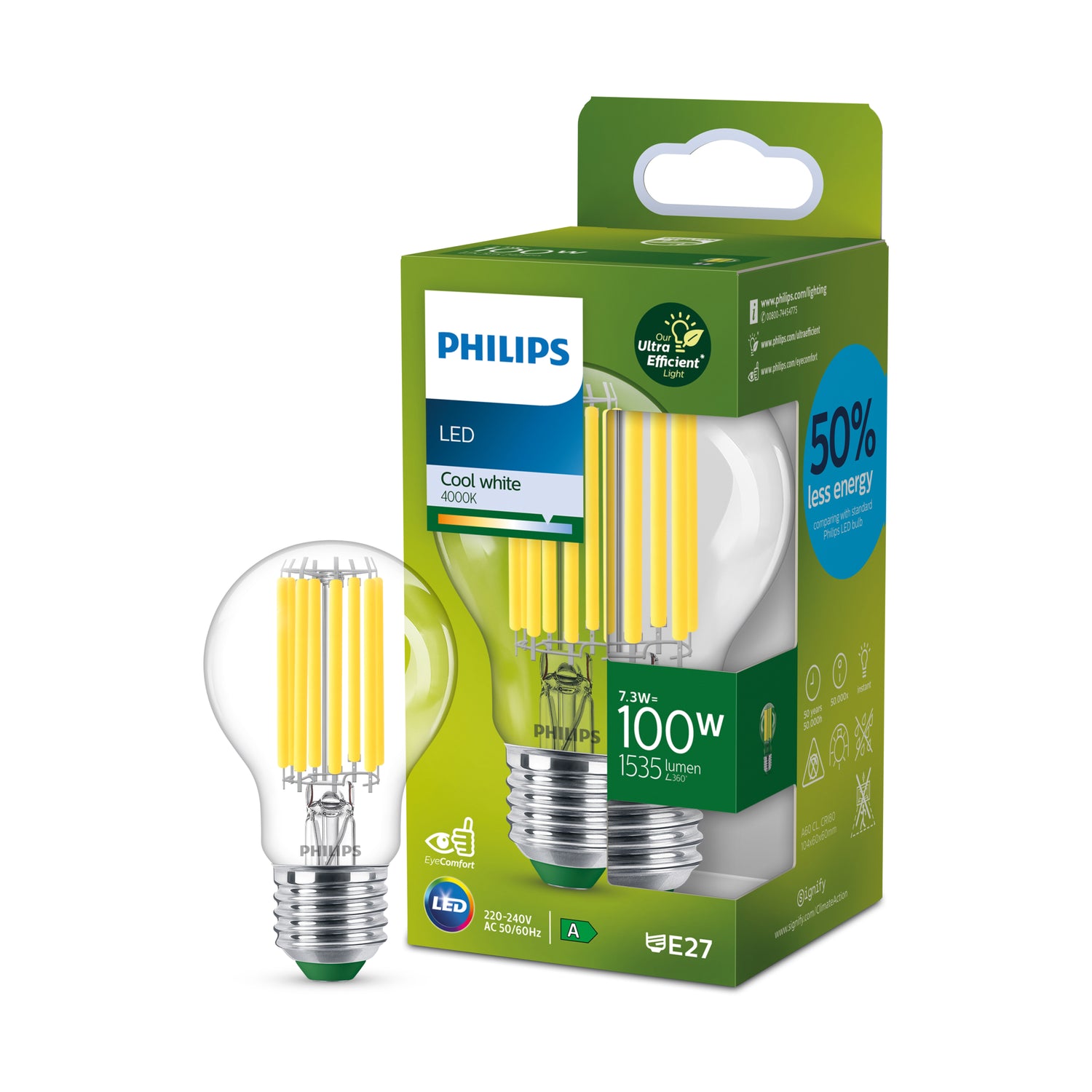 Philips Ultra Efficient LED lamp Transparant - 100 W - E27 - Koelwit licht