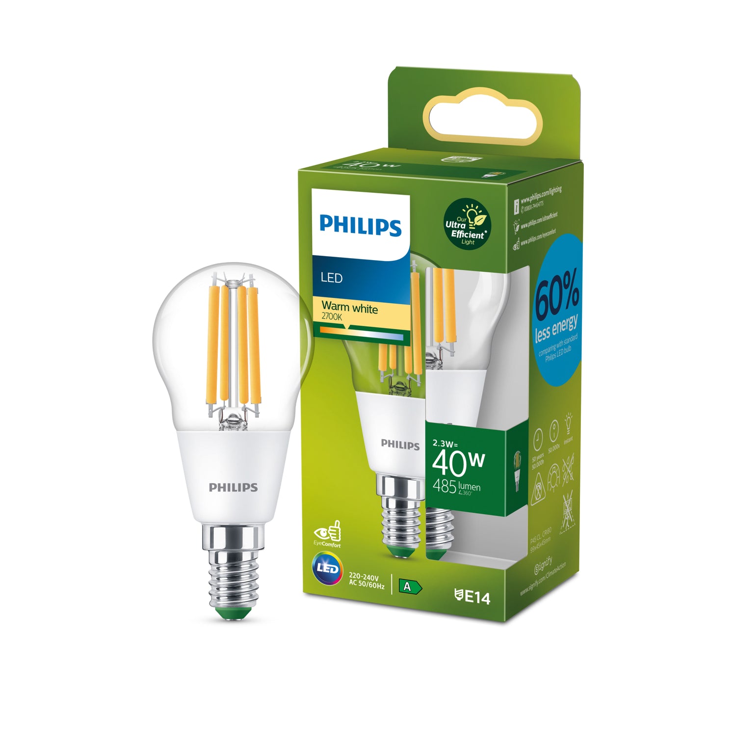 Philips Ultra Efficient LED kogellamp Transparant - 40 W - E14 - Warmwit licht