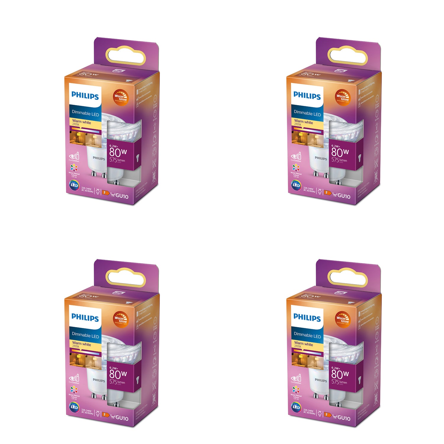 Philips Voordeelverpakking GU10 - WarmGlow LED Spots - Set van 4 Stuks