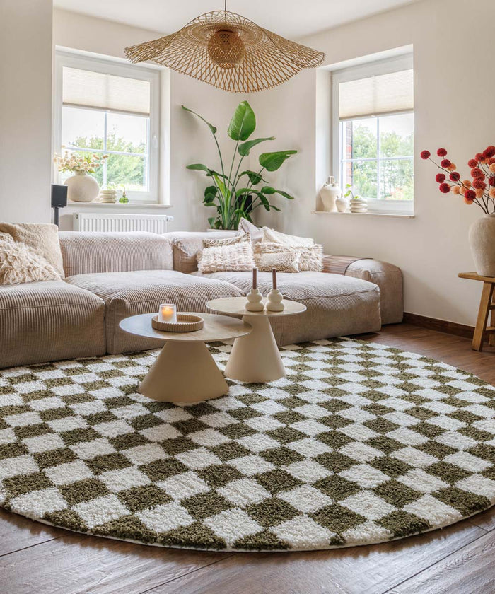 Boho&me Rond checkerboard vloerkleed - Check ivoor|olijfgroen - 300 cm