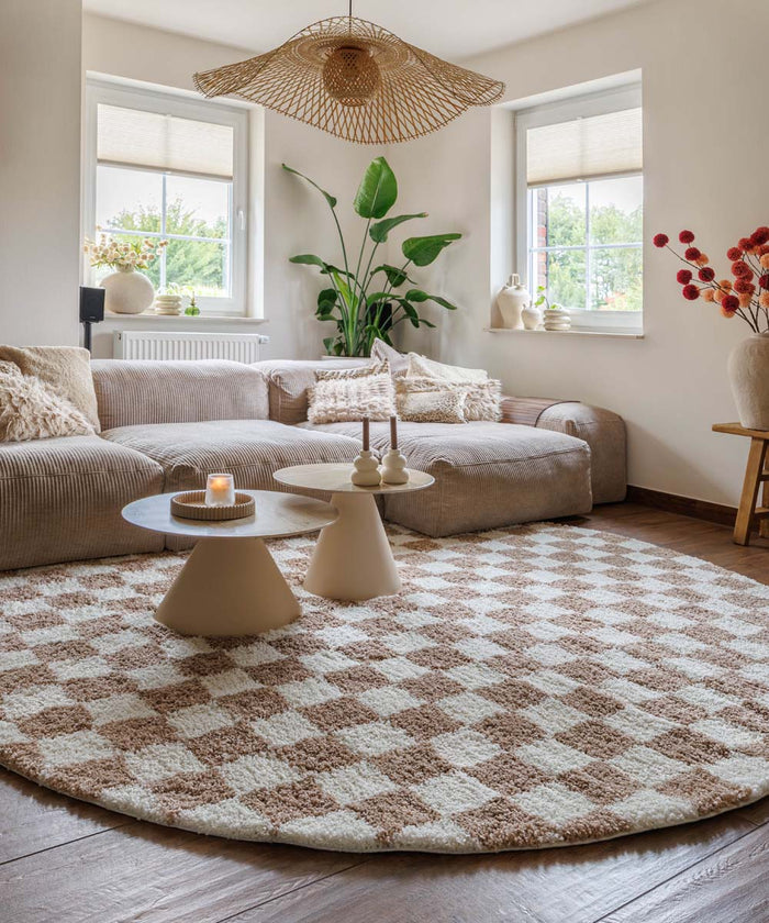 Boho&me Rond checkerboard vloerkleed - Check ivoor|beige - 250 cm