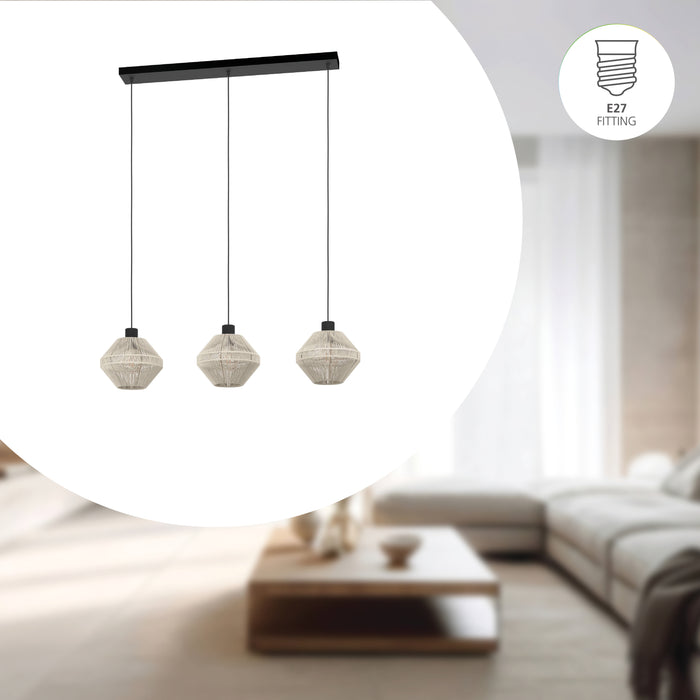 EGLO Midsumer Hanglamp - 3 x E27 - 92 cm - Zwart|Crème - Textiel
