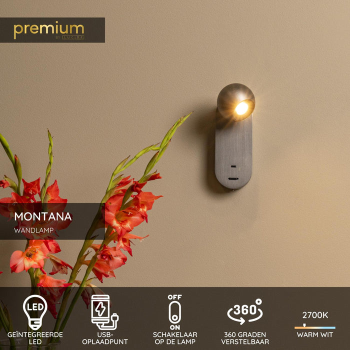 Lucide Premium MONTANA Wandlamp - Grijs ijzer