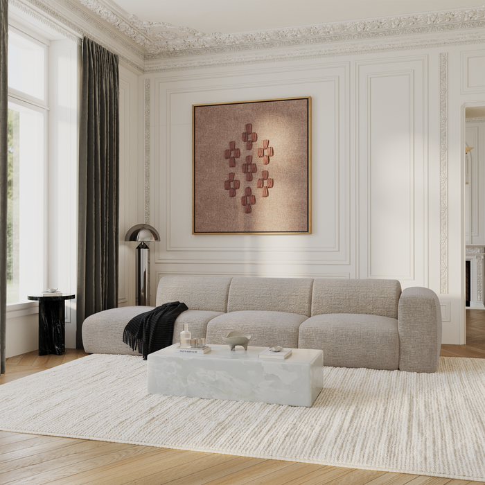 5-zits rechte bank in beige fluweel met patroon, 310 cm