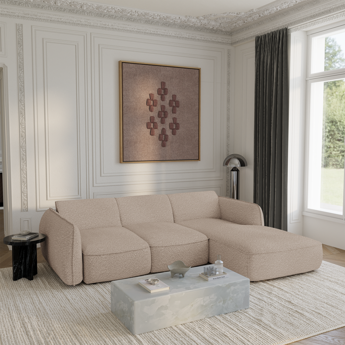 Hoekbank met slaapfunctie rechts, 4 zitplaatsen, beige bouclé stof
