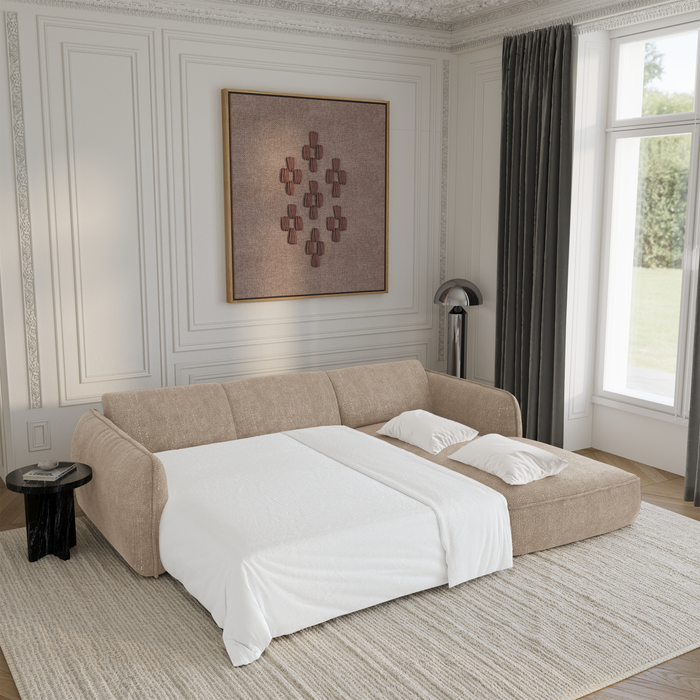 Hoekbank met slaapfunctie rechts, 4 zitplaatsen, beige geweven fluweel