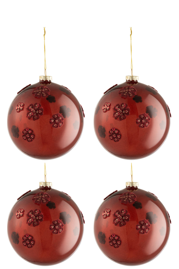 J-Line Kerstballen Bloemen Glas Bordeaux Large Set van 4