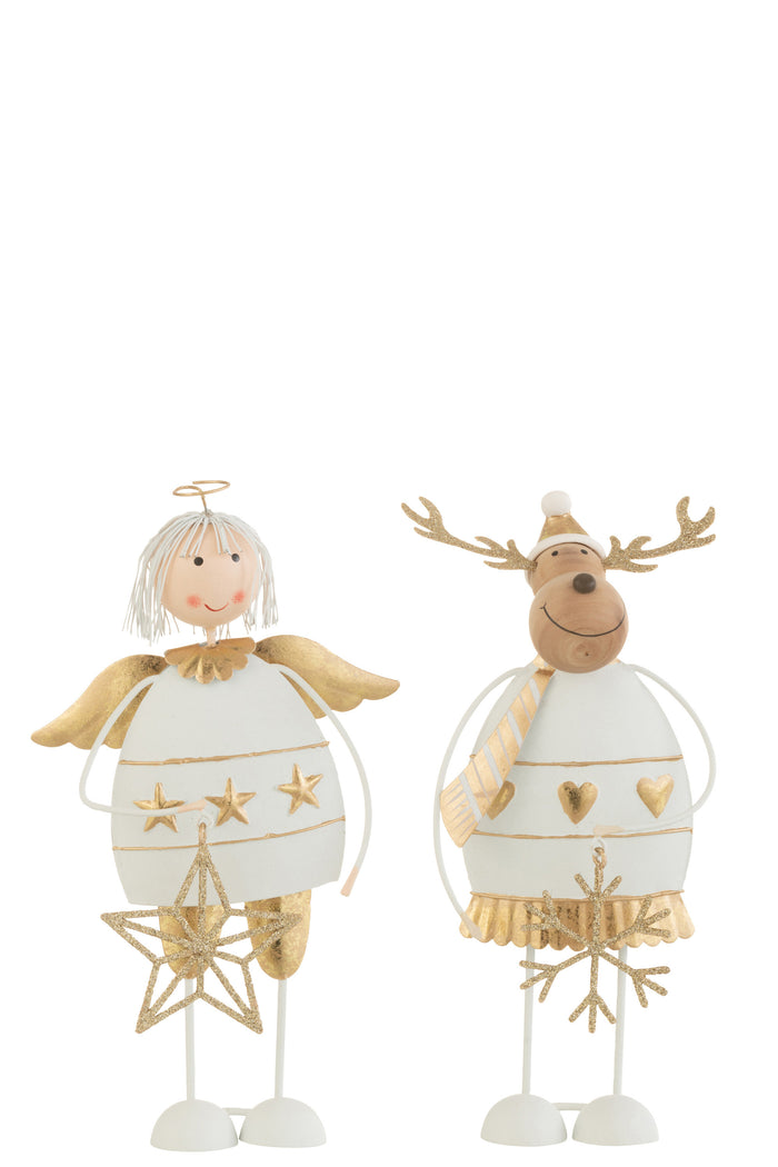 J-Line kerstfiguur Engel|Rendier - metaal - wit|goud - large - 2 stuks