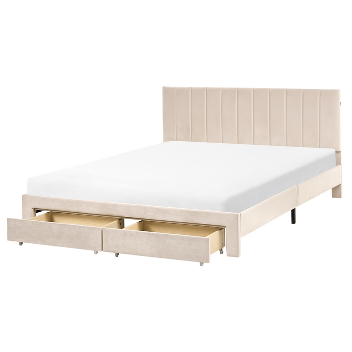 Beliani-LONZAC-Bed met opbergruimte-Beige-160 x 200 cm-Fluweel