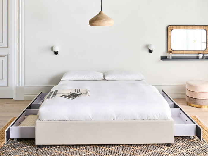 Beliani-PRADES-Bed met opbergruimte-Lichtbeige-140 x 200 cm-Polyester