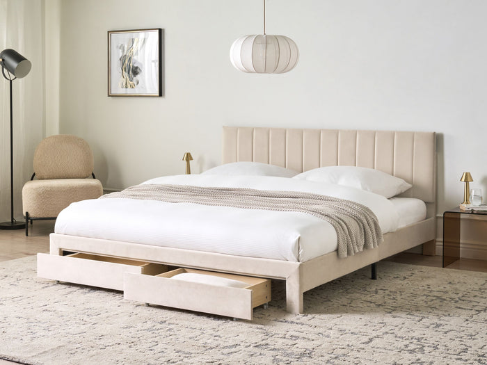 Beliani-LONZAC-Bed met opbergruimte-Beige-180 x 200 cm-Fluweel