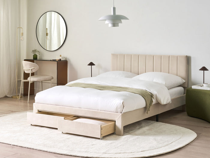 Beliani-LONZAC-Bed met opbergruimte-Beige-140 x 200 cm-Fluweel
