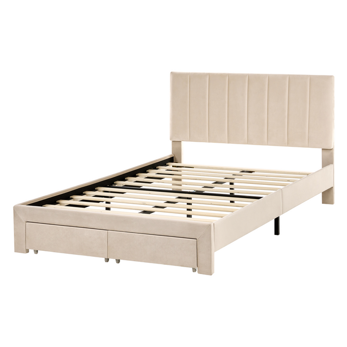 Beliani-LONZAC-Bed met opbergruimte-Beige-120 x 200 cm-Fluweel