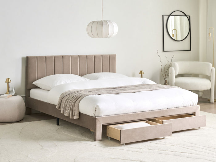 Beliani-LONZAC-Bed met opbergruimte-Taupe-160 x 200 cm-Fluweel