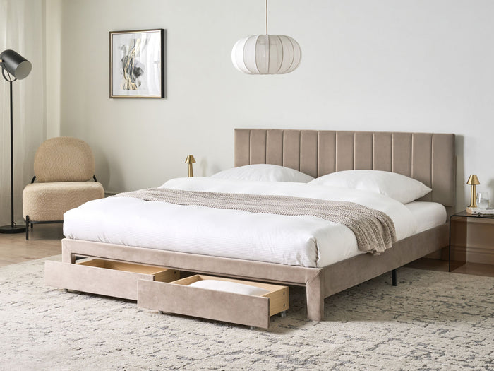 Beliani-LONZAC-Bed met opbergruimte-Taupe-180 x 200 cm-Fluweel
