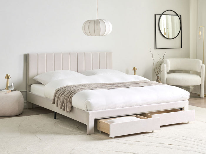 Beliani-LONZAC-Bed met opbergruimte-Gebroken wit-160 x 200 cm-Fluweel