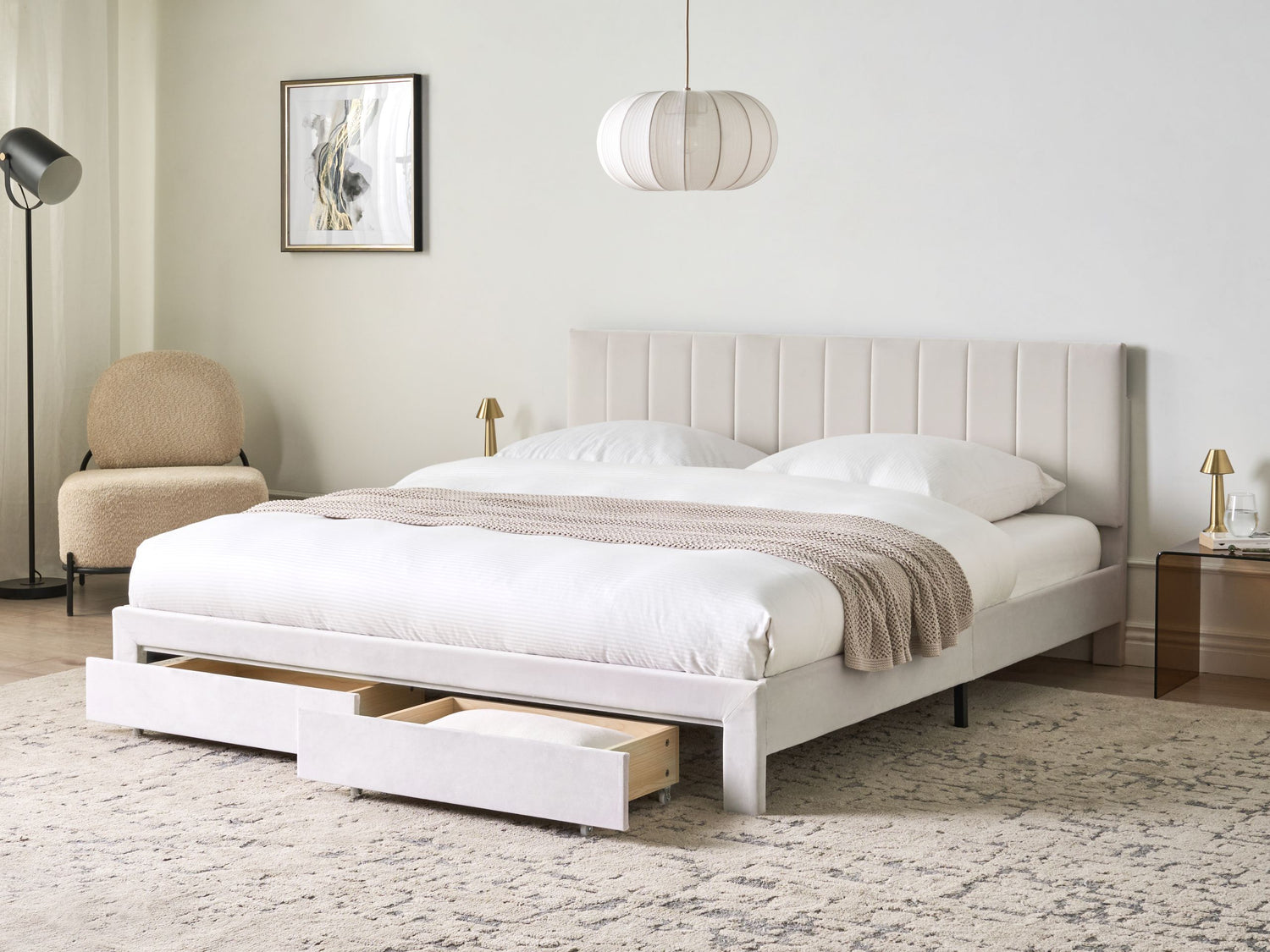Beliani-LONZAC-Bed met opbergruimte-Gebroken wit-180 x 200 cm-Fluweel