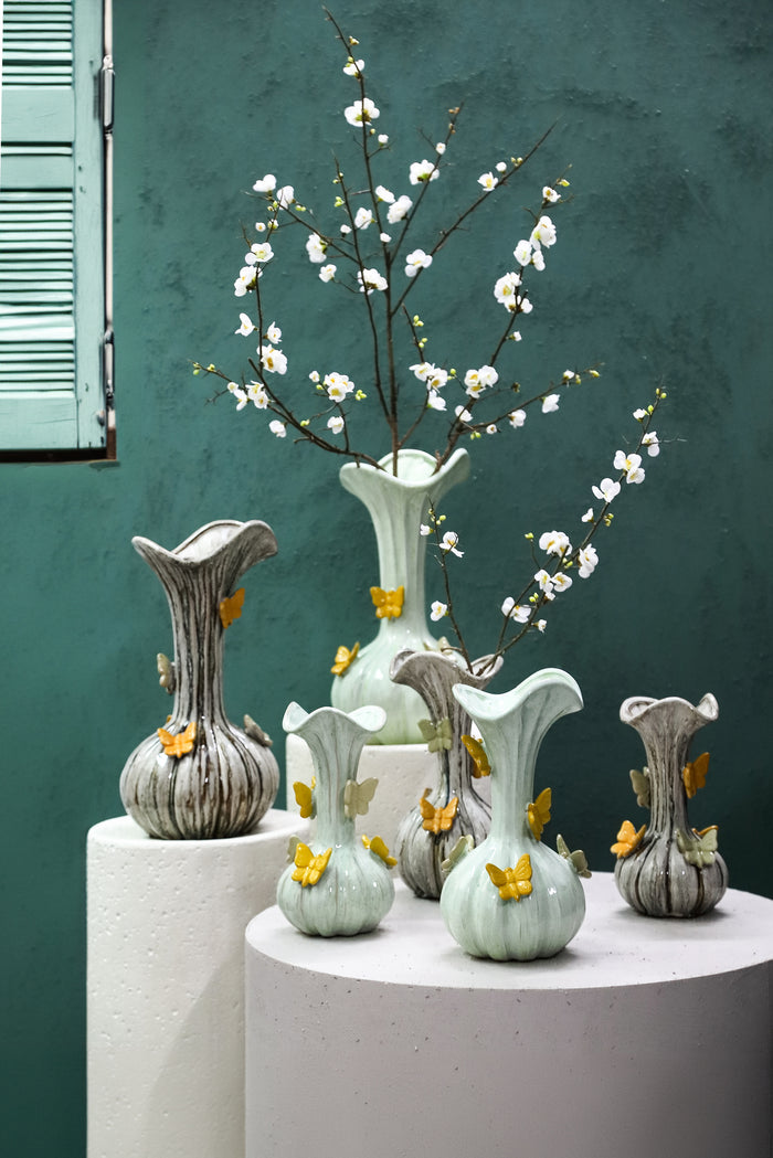 PTMD Tamarae Green Ceramic Flowy Vase W Butterfly L