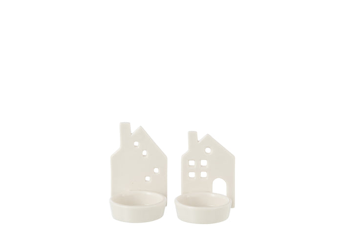 J-Line theelichthouder Huis - keramiek - wit - 2 stuks