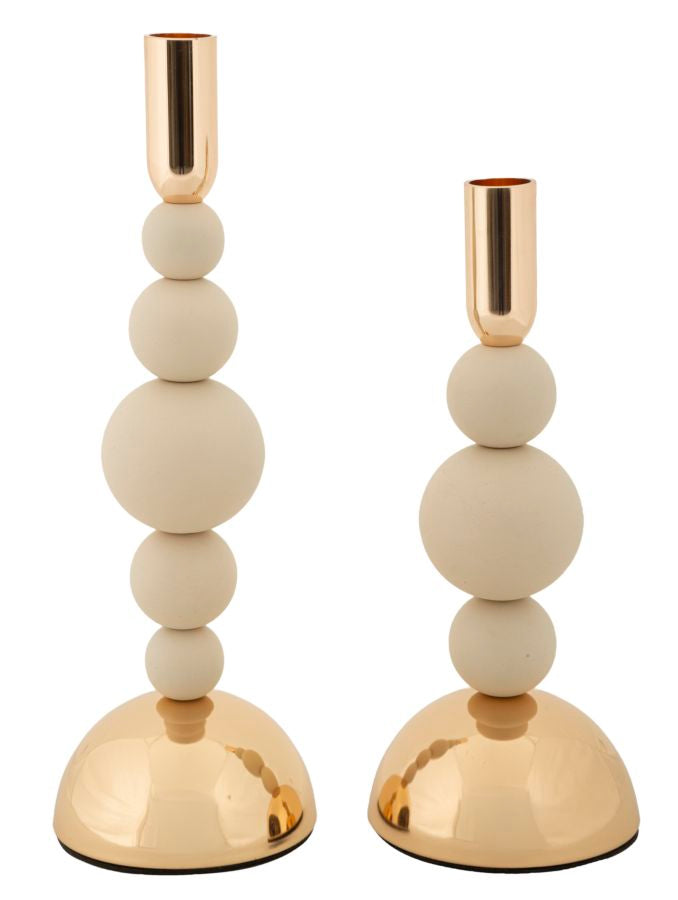 Set van 2 crèmekleurige en gouden metalen kaarsenhouders