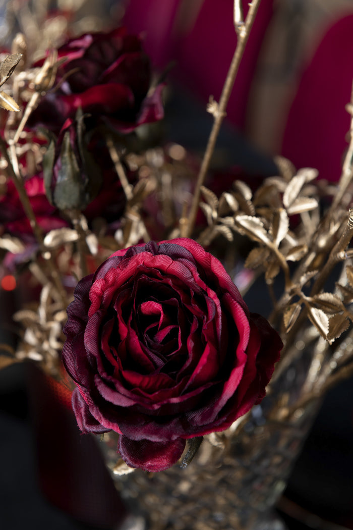 J-Line bloem Rozenstruik 3 Bloemen + Knoppen - kunststof - rood|goud