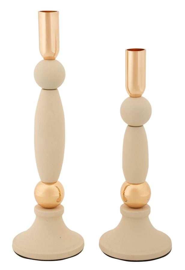 Set van 2 crèmekleurige en gouden metalen kaarsenhouders