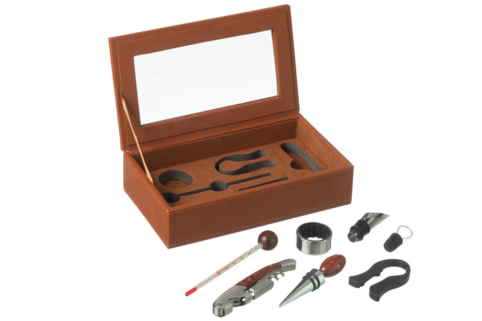 J-Line doos 6 wijnaccessoires - kunstleder - cognac