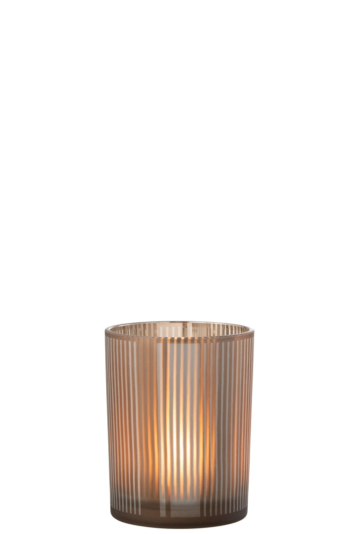 J-Line windlicht Strepen - glas - bruin|wit - medium