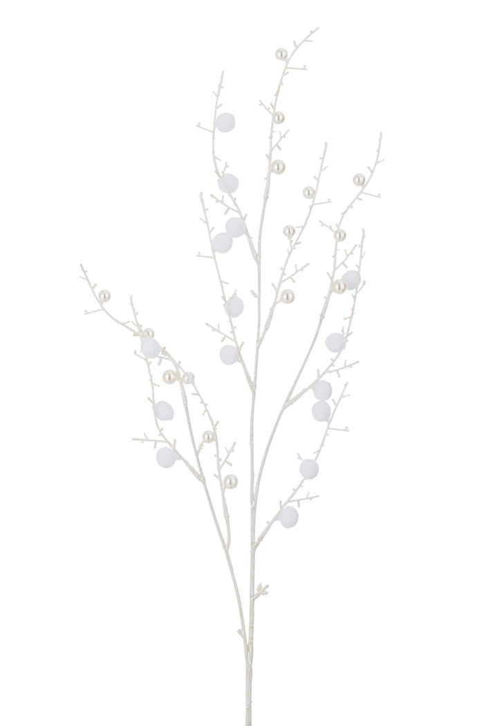J-Line decoratie Tak Pompons + Parels - kunststof - wit - 12 stuks