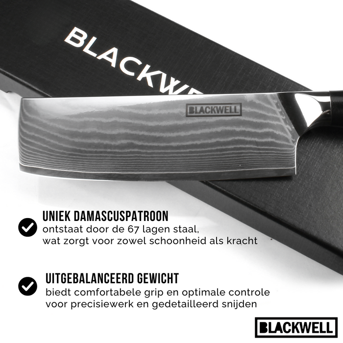 Blackwell Messenset (Koksmes + Santokumes + Nakirimes + Officemes) - Japanse stijl - 67 lagen damaststaal - VG10 - 4-delig