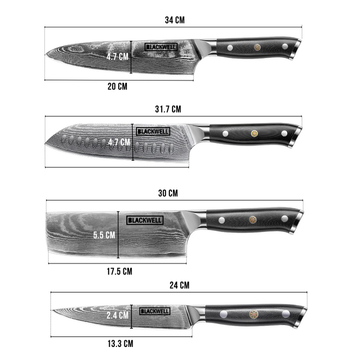Blackwell Messenset (Koksmes + Santokumes + Nakirimes + Officemes) - Japanse stijl - 67 lagen damaststaal - VG10 - 4-delig