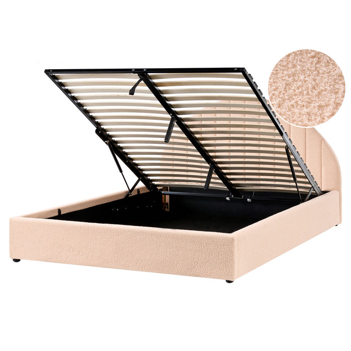 Beliani-CHADENET-Bed met opbergruimte-Perzikroze-160 x 200 cm-Bouclé