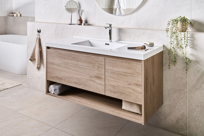 Beliani-UMAYO-Wandgemonteerd meubel met wasbak-Lichtbruin-120 cm-MDF