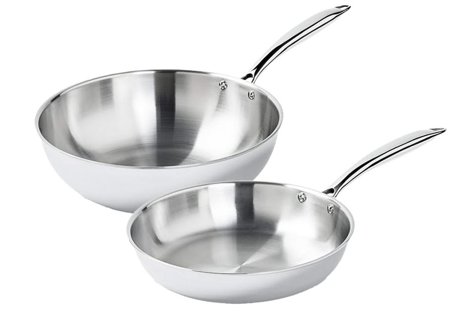 Cookinglife Pannenset - Koekenpan 24 cm + Wok 28 cm - TriPly RVS - zonder anti-aanbaklaag