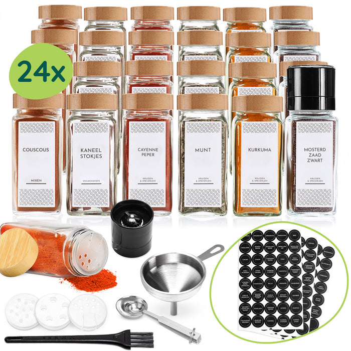 XIVADA Glazen kruidenpotjes vierkant - Stickers - Bamboe - 24 stuks
