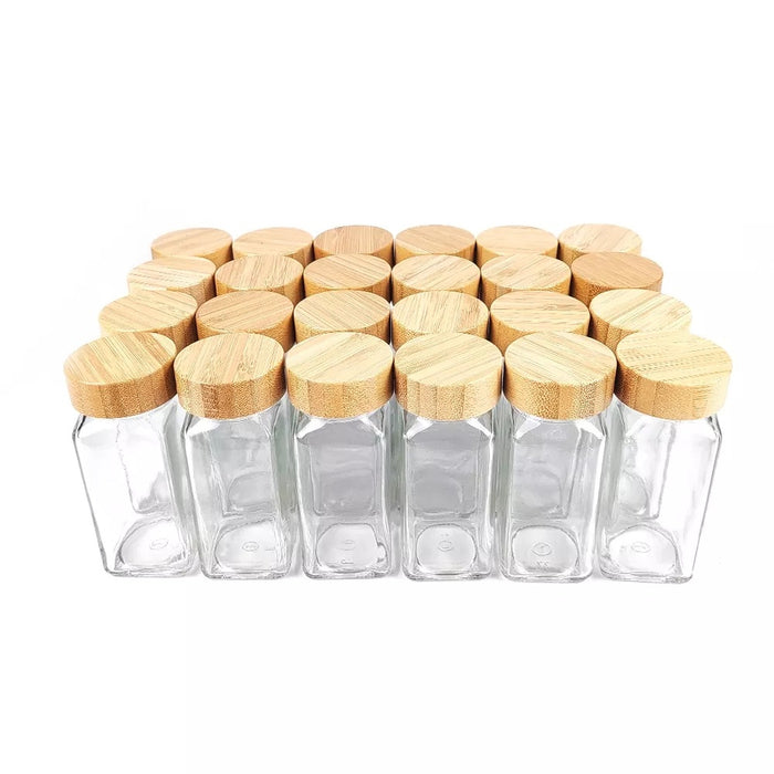 XIVADA Glazen kruidenpotjes vierkant - Stickers - Bamboe - 24 stuks