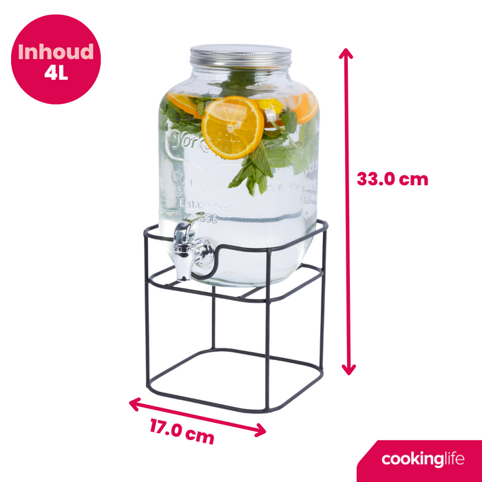 Cookinglife Drankdispenser met Kraantje en Houder - 4 liter