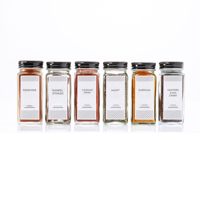 XIVADA Glazen kruidenpotjes vierkant - Stickers - Zwart - 24 stuks