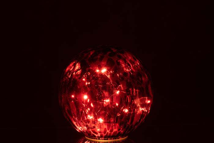 J-Line decoratie Bal Gevlekt - glas - rood|zwart - LED lichtjes