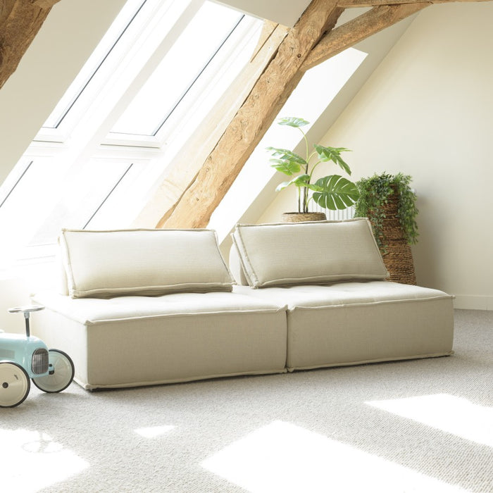 ALBANE - Chauffeuse capitonnée beige 100x100cm avec dossier et coussin