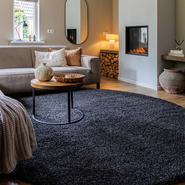 Tapeso Rond hoogpolig vloerkleed shaggy Grand effen - antraciet - 80
