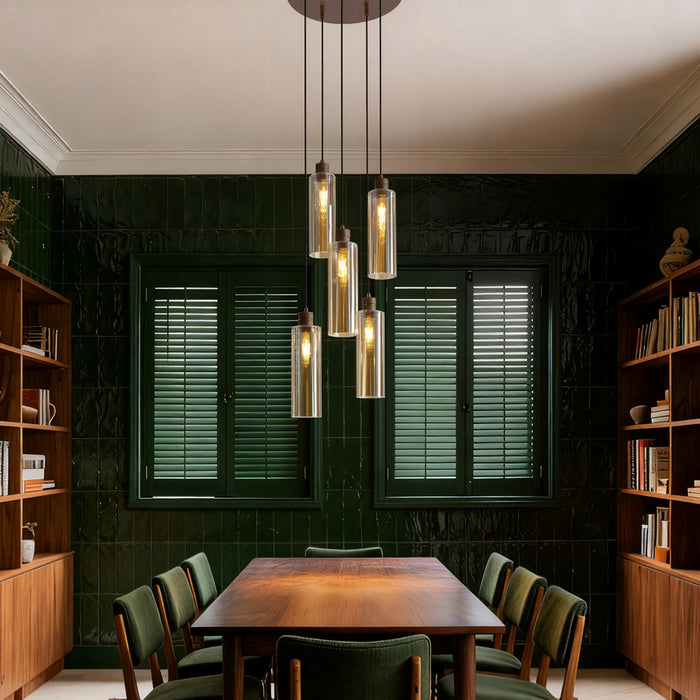 QAZQA Hotel Chique hanglamp donker brons met amber glas 5-lichts -